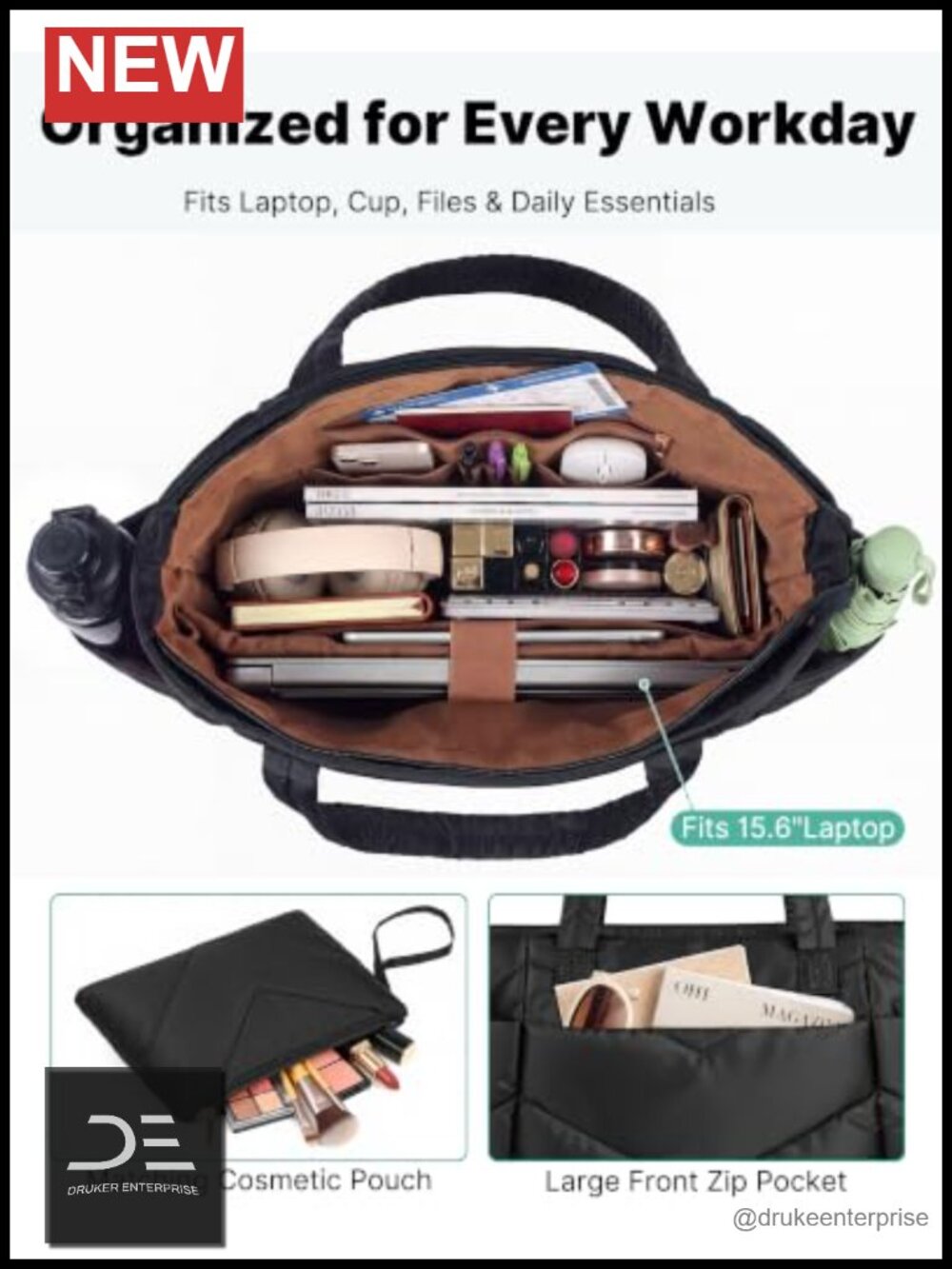 Lightweight Quilted Nylon Puffer Tote Bag with Cosmetic Pouch Fits 15.6" Laptop